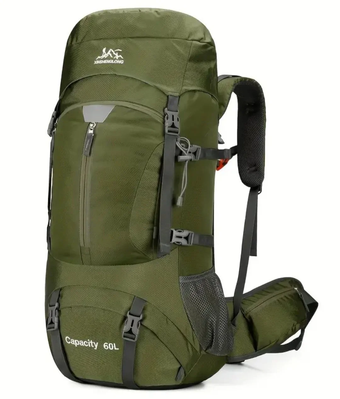 Green hiking backpack with multiple compartments and straps, labeled with a capacity of 60 liters.