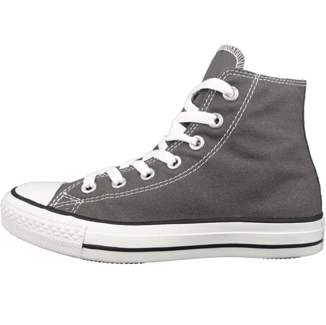 Gray high-top canvas sneaker with white laces and rubber sole.