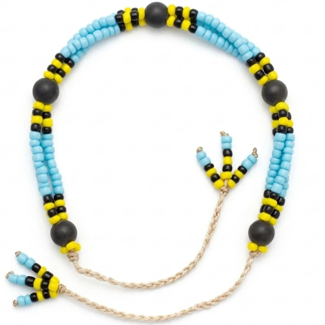 Colorful beaded necklace with black, yellow, and blue beads, featuring black spherical beads and a woven beige cord.