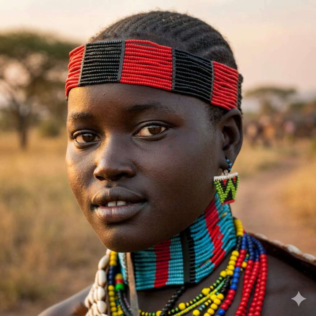 A Hamar young woman with dark skin wearing traditional beaded jewelry and a headband in an outdoor setting.