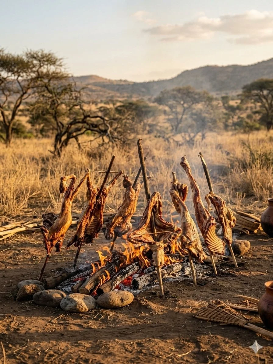 Hamar BBQ (Wa- Koka) goat meat roasting over an open fire in a Hamar landscape with trees and hills in the background.