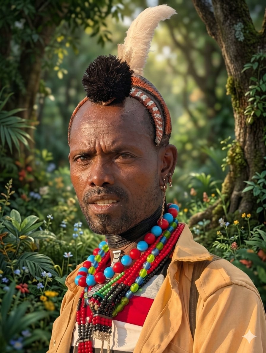 Portrait of an indigenous (Hamar) young man wearing traditional bead necklaces, earrings, and a headpiece with a feather, standing outdoors among lush green foliage.