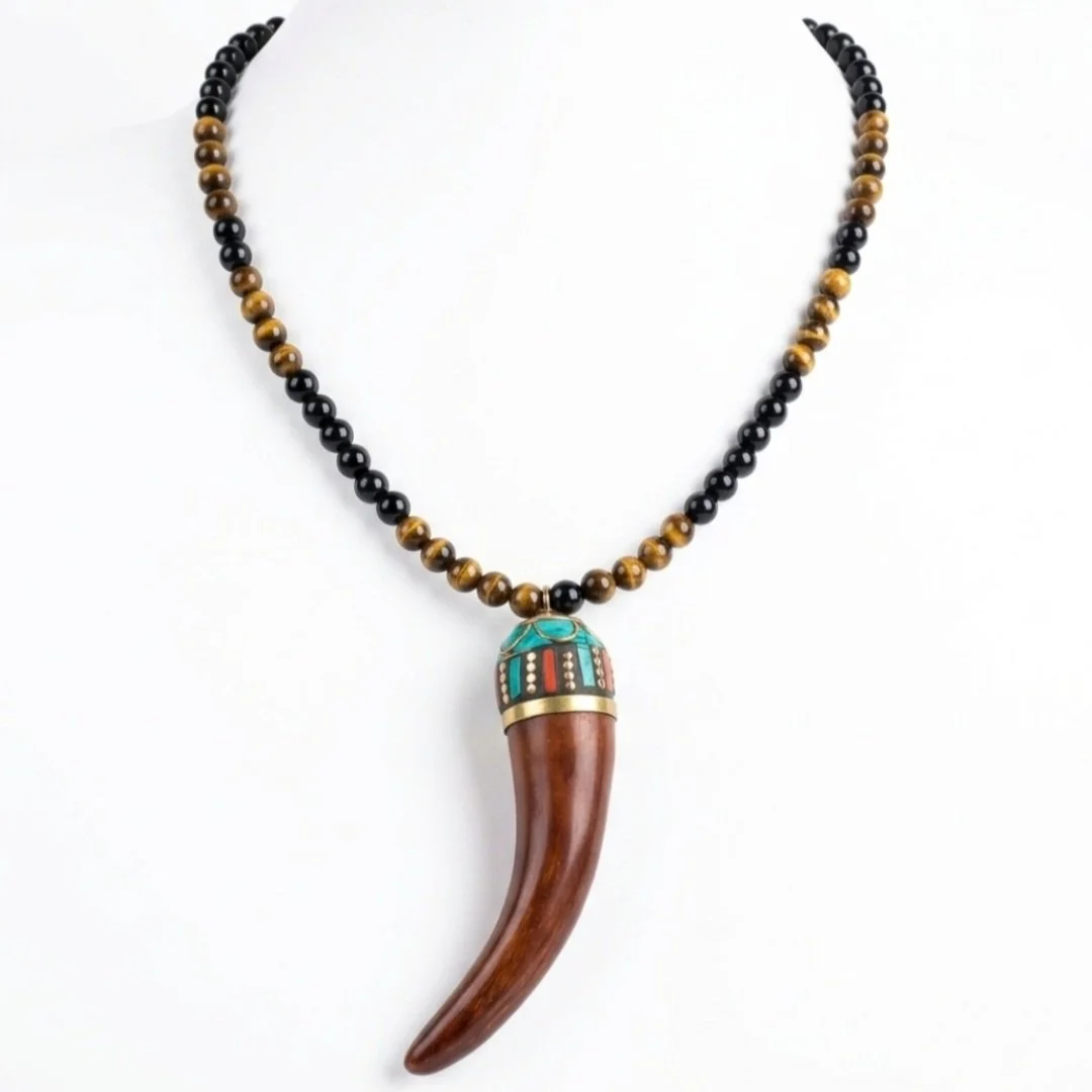 Tribal Faux Horn Pendant Necklace Tiger Eye Black Onyx Beaded Chevron Choker