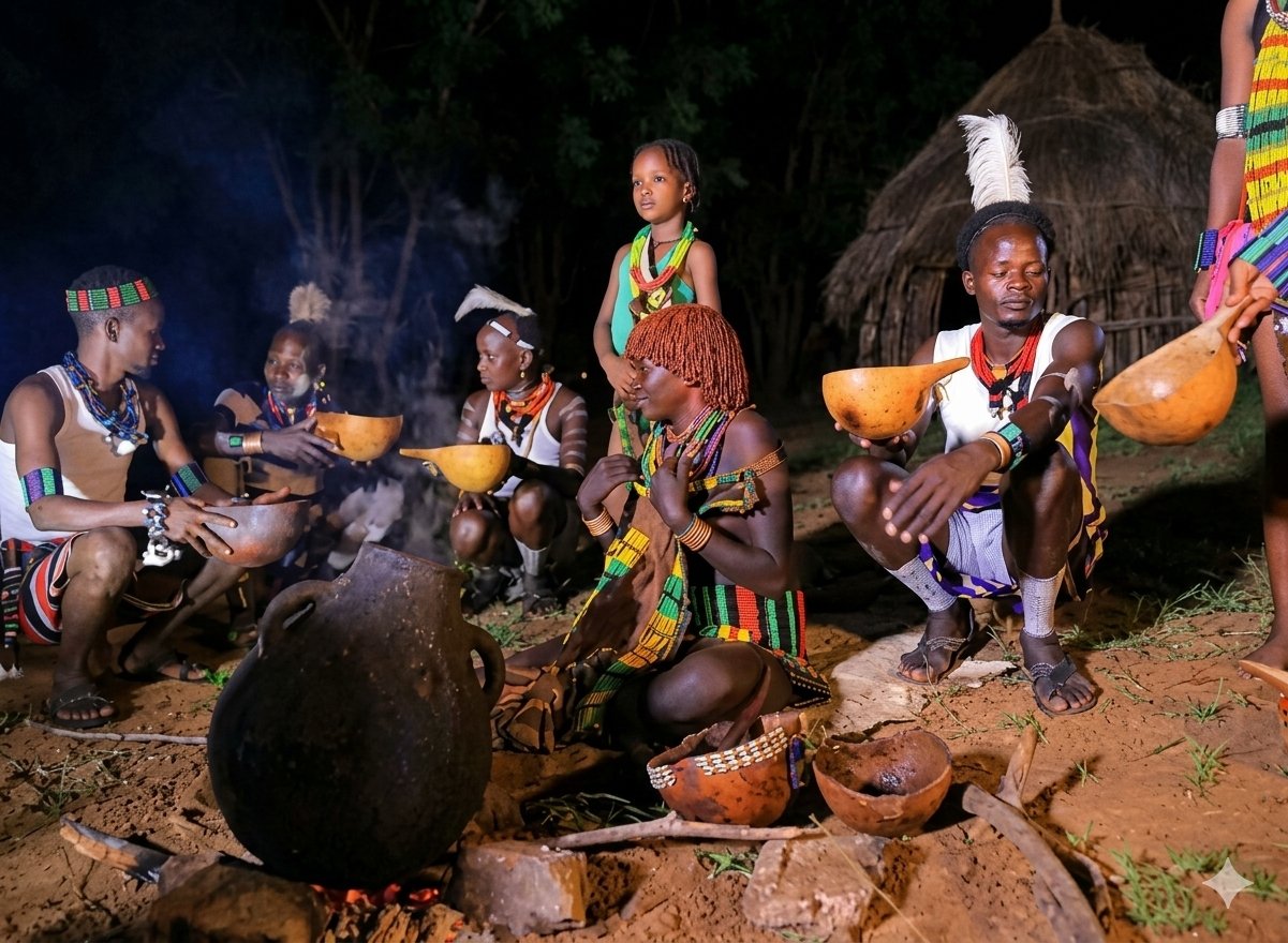A group of Hamar people, including women and children, dressed in traditional colorful attire and jewelry, gathered for Burri-Bunno around a fire at night, holding wooden bowls, with a large clay pot and a thatched hut in the background.