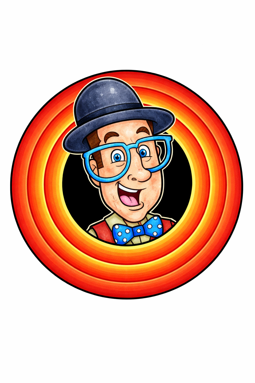 Cartoon character with big blue glasses, a polka-dot bow tie, and a hat inside a red and orange circular frame.