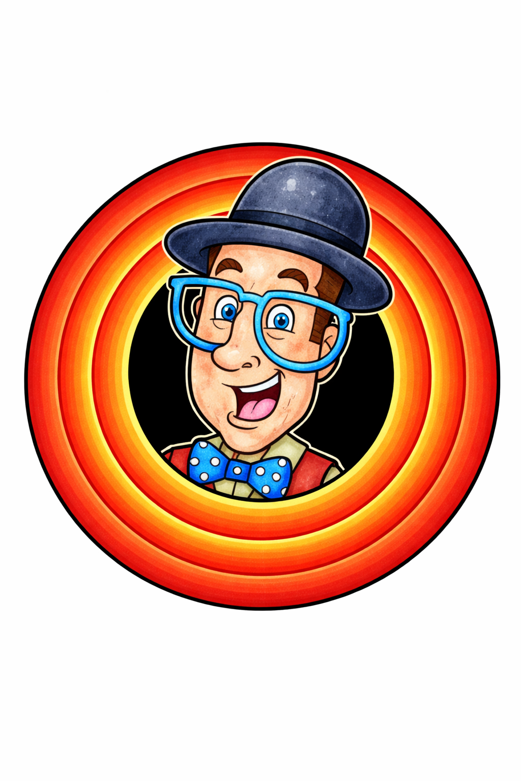 A cartoon character with a bowtie, glasses, and a hat, inside a colorful spiral frame.