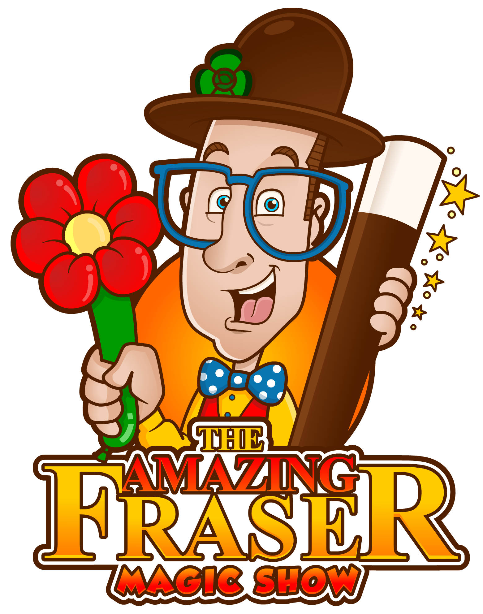 Cartoon character of a cheerful clown with a big brown hat decorated with a green flower, blue glasses, and a yellow bow tie with white polka dots, holding a red flower and a magic wand, with text reading "The Amazing Fred" and "Magic Show".