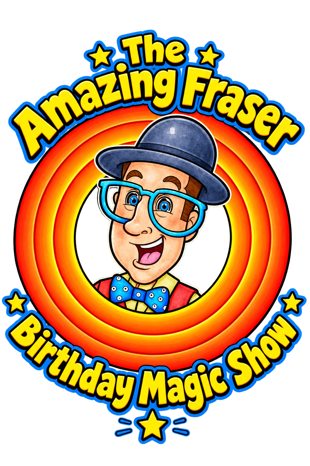 Colorful poster for 'The Amazing Fraser Birthday Magic Show' featuring a cartoon boy with glasses, winking, wearing a bow tie, red vest, and a blue hat with a rainbow background.