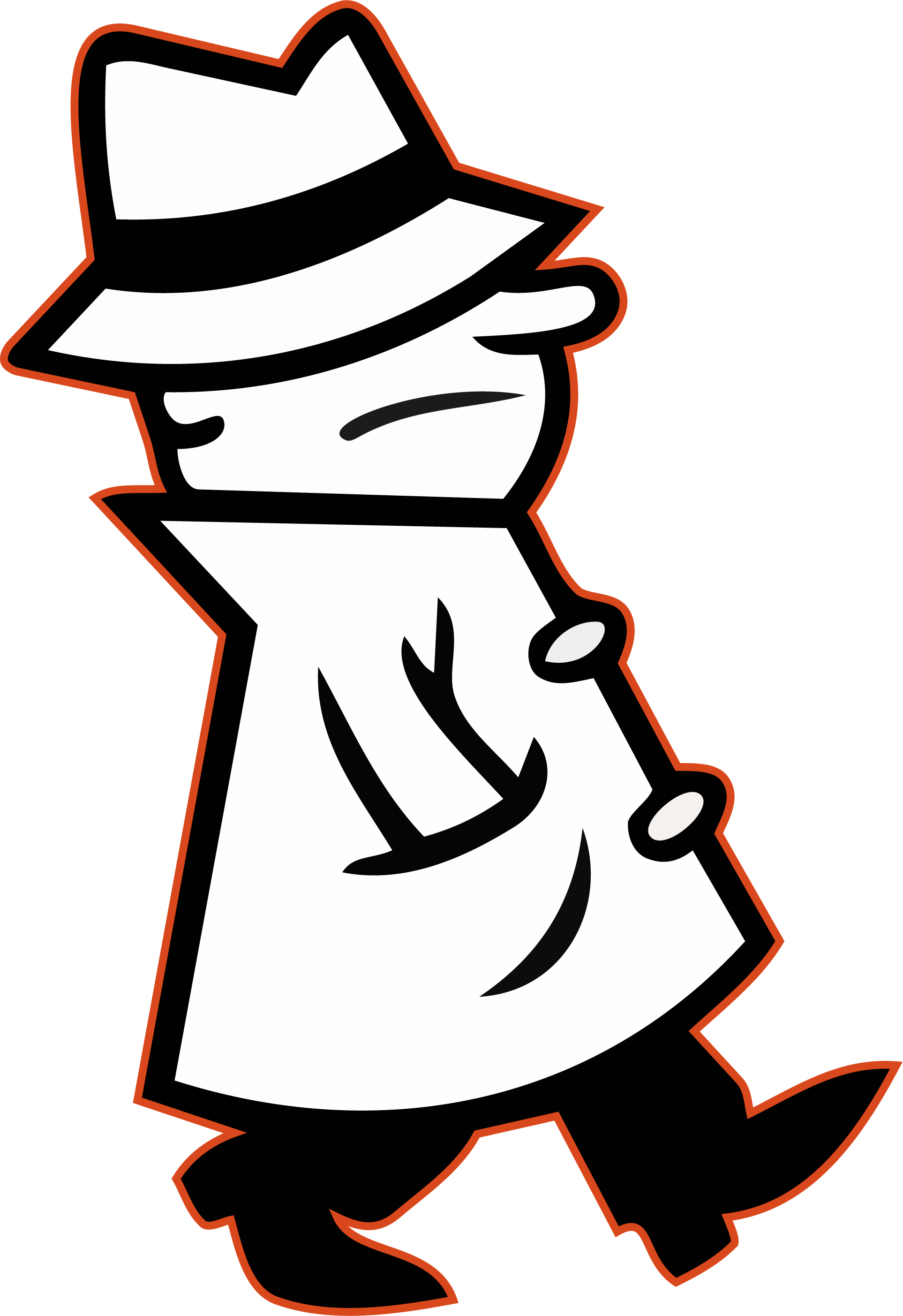 Stylized black and white illustration of a person wearing a large brimmed hat, walking and holding a book or paper.