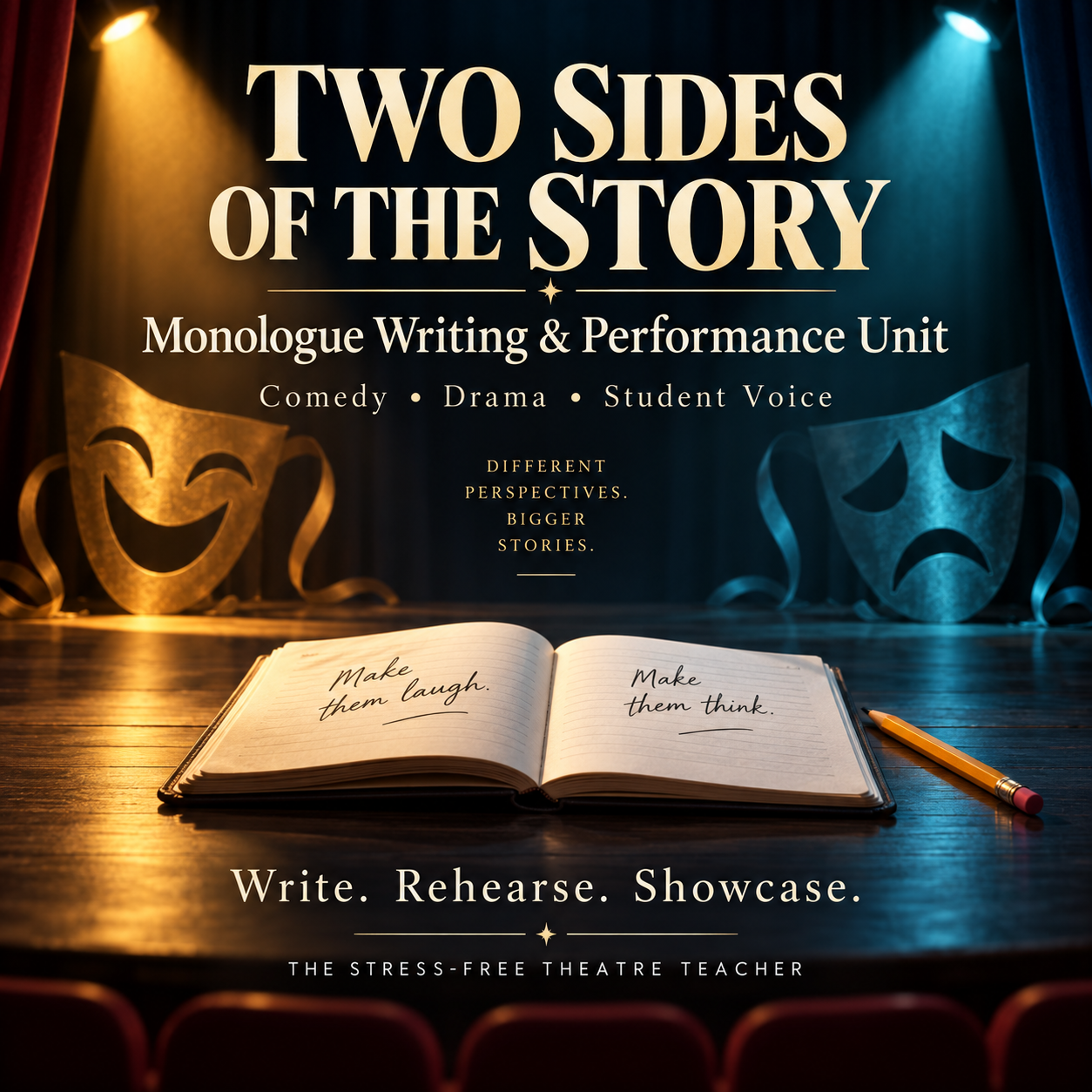 Two Sides of the Story monologue writing and performance unit: comedy, drama, and student voice.