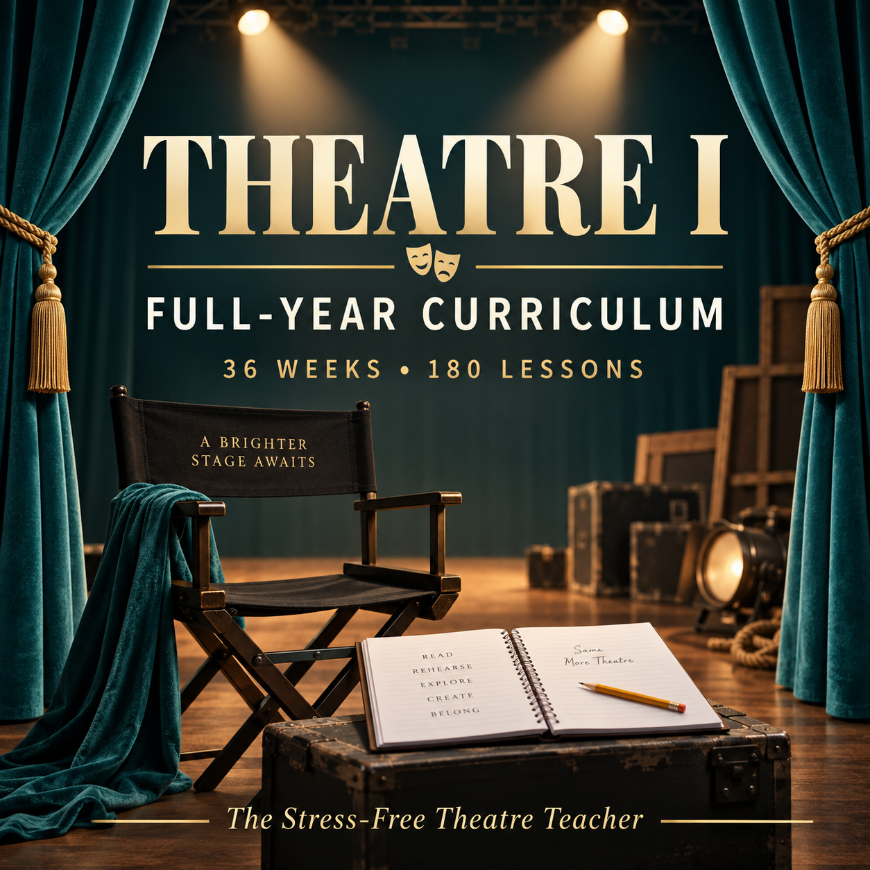 Theatre I full-year curriculum cover: 36 weeks and 180 lessons from The Stress-Free Theatre Teacher.