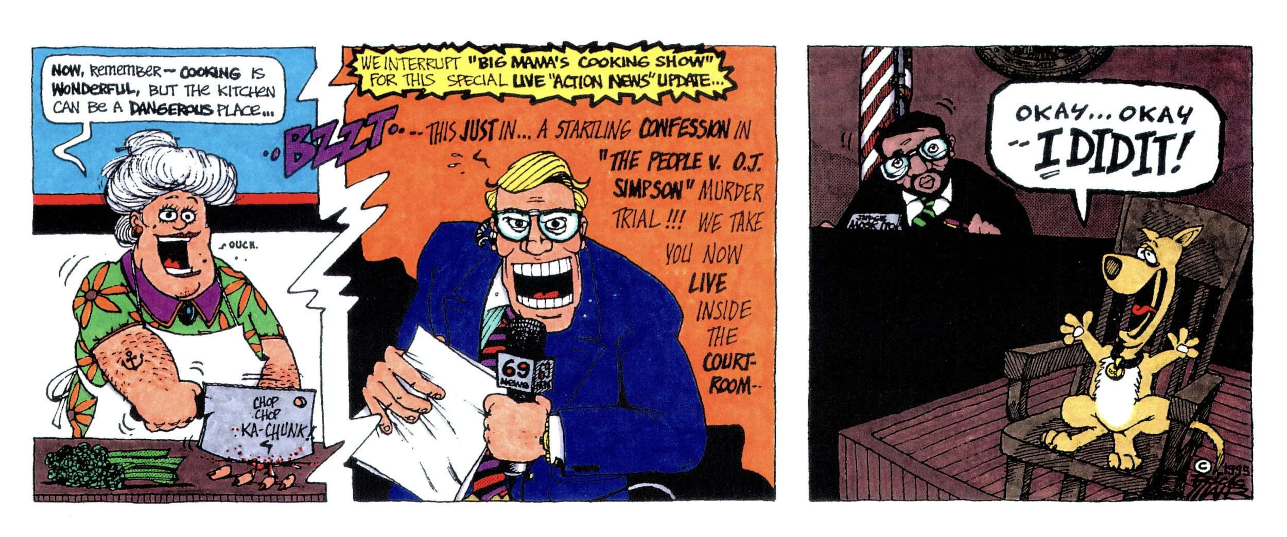 Political cartoon gag illustrating an alleged live TV confession in the infamous "Trial of the Century".