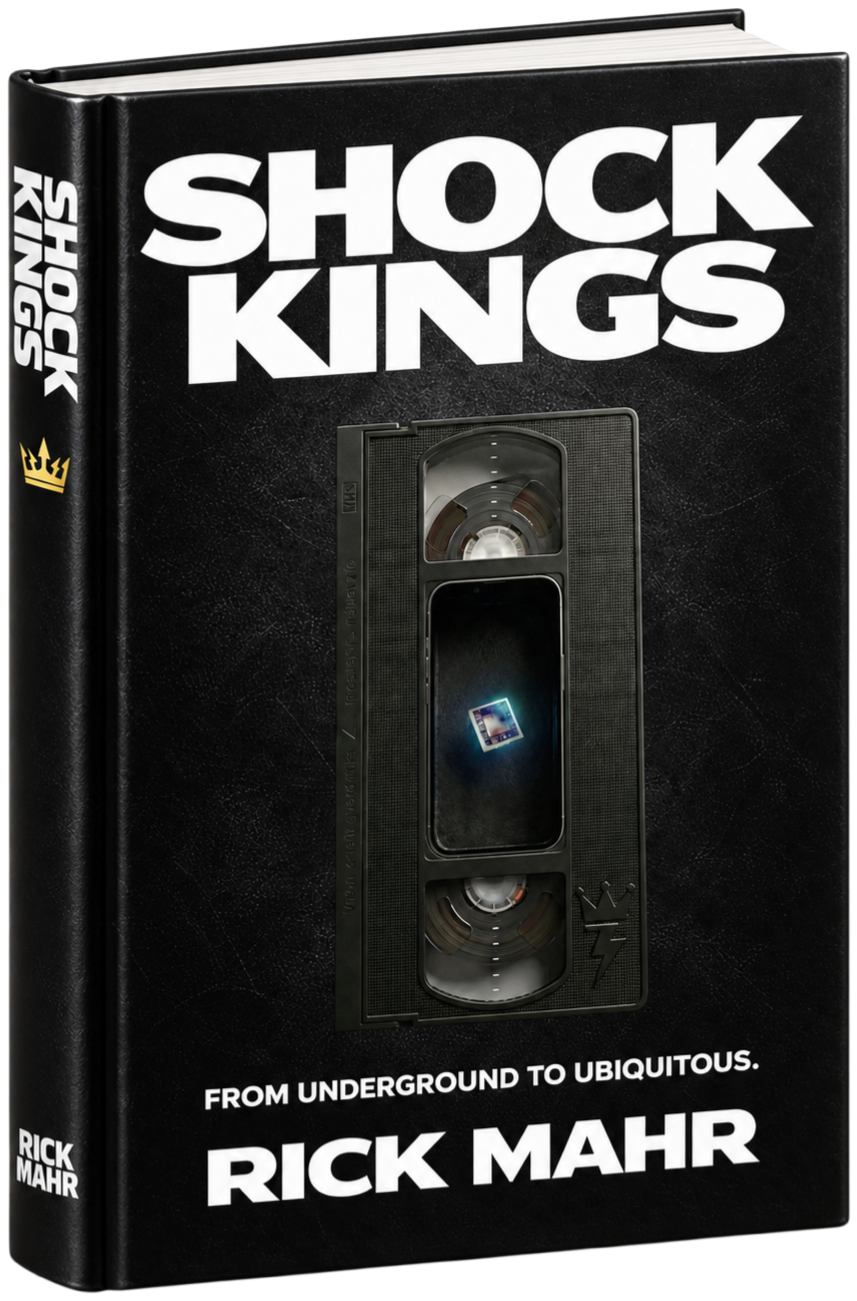 Book titled "Shock Kings" by Rick Mahr, featuring a unique technology-driven monolith: a vintage VHS tape with a smartphone housed inside the frame, revealing a computer chip singularity floating at the epicenter.