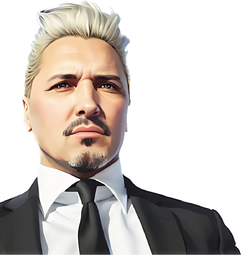 Stylized photo of an athletic, tan man with high cheekbones and a salt and pepper goatee; blonde hair, styled back, wearing a tailored black suit, crisp white shirt, and silk black tie – with a contemplative expression.