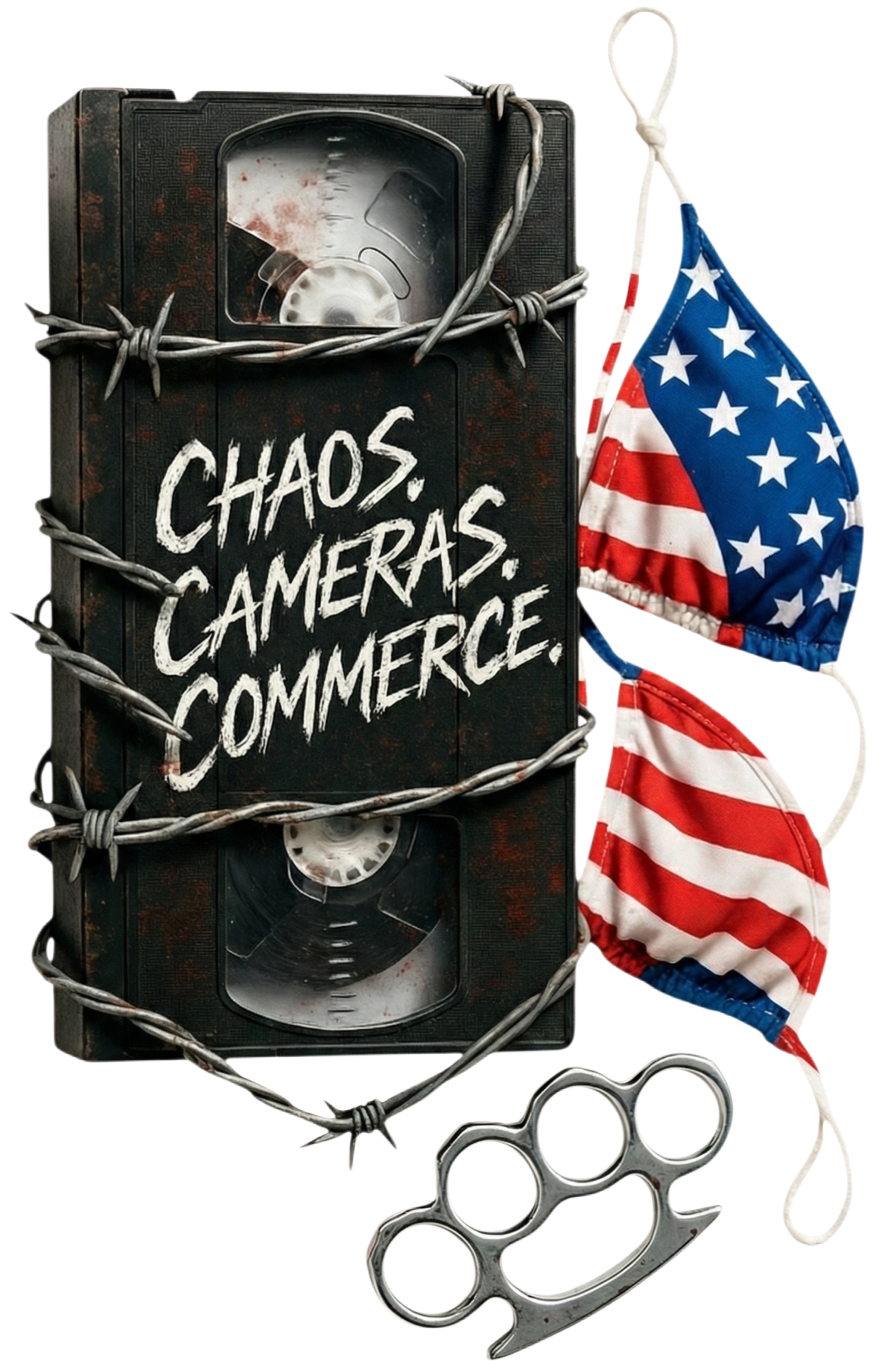 A vintage black VHS cassette tape with barbed wire wrapped around it with faint blood, displaying the handwritten words 'Chaos, Cameras, Commerce.' Next to the cassette tape is an American flag bikini top and a pair of brass knuckles.