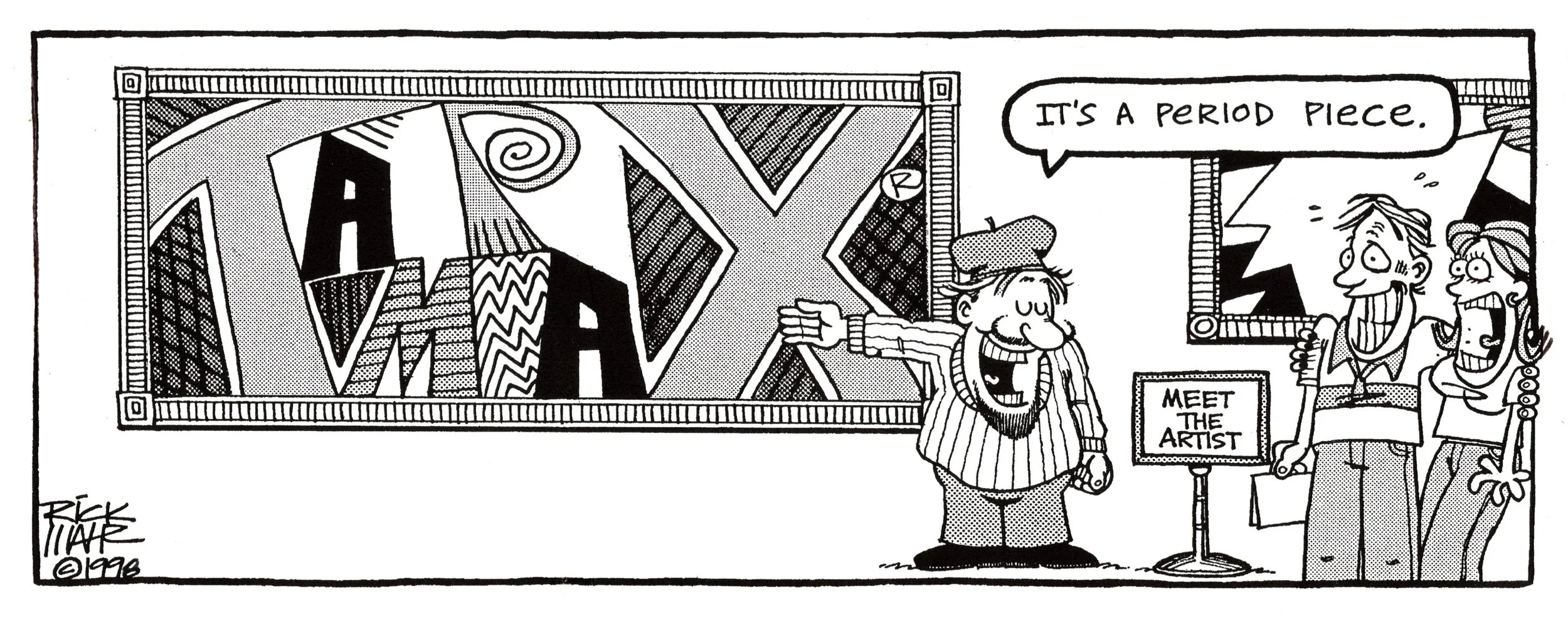 Comic panel showing a man pointing at a abstract painting, with a sign that says 'Meet the Artist.' He says, 'It's a period piece.' A couple is shocked looking at the painting, with the hidden word "Tampax" arranged inside.