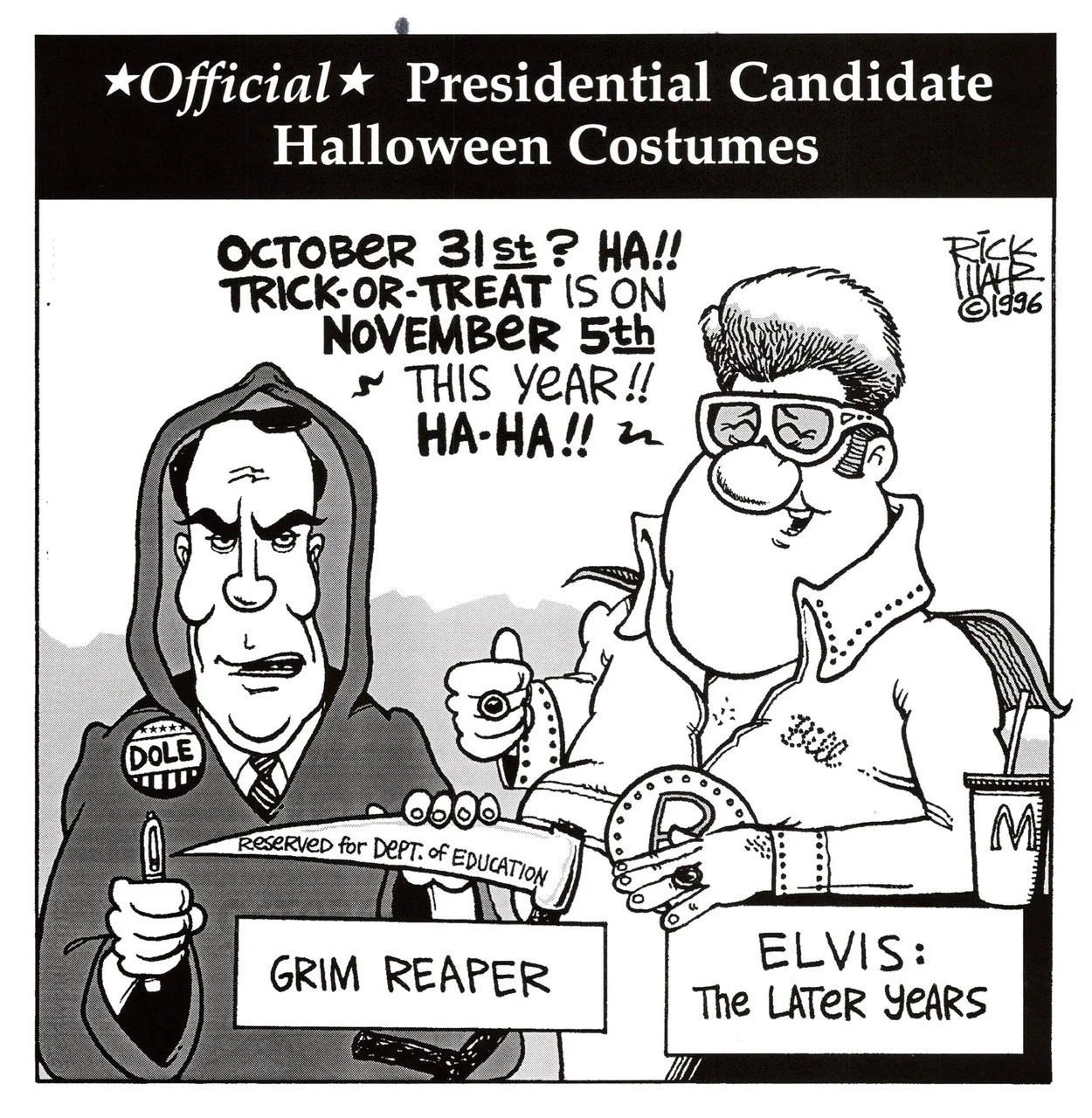 Black-and-white newspaper cartoon of two presidential candidates, Bob Dole and Bill Clinton, one dressed as Grim Reaper and the other as Elvis, with commentary about fictitious Halloween costumes for election day.