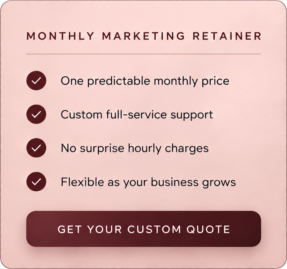 Pink promotional card titled 'Monthly Marketing Retainer' listing four benefits with checkmarks: predictable monthly price, full-service support, no surprise hourly charges, and flexibility. A button below says 'Get Your Custom Quote'.
