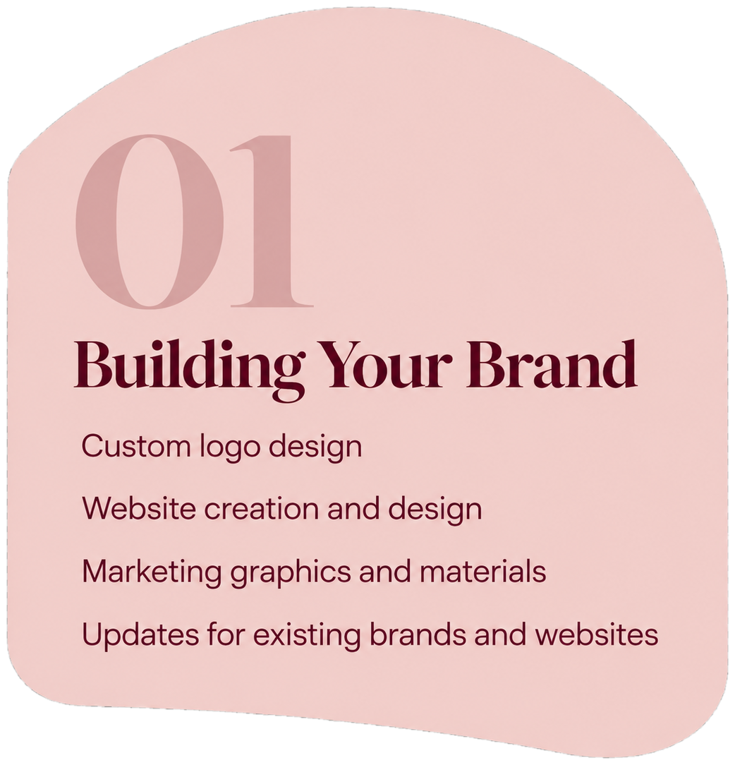 A pink, rounded rectangular sign with the number 01 and the title 'Building Your Brand' in bold, dark red text. List of services including custom logo design, website creation and design, marketing graphics and materials, and updates for existing brands and websites.