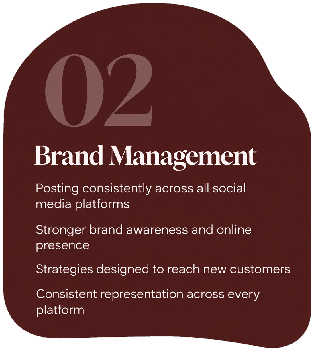 A marketing card titled '02 Brand Management' in a dark red gradient, listing key strategies for brand management, including consistent social media posting, stronger brand awareness, designing strategies to reach new customers, and maintaining consistent representation across platforms.