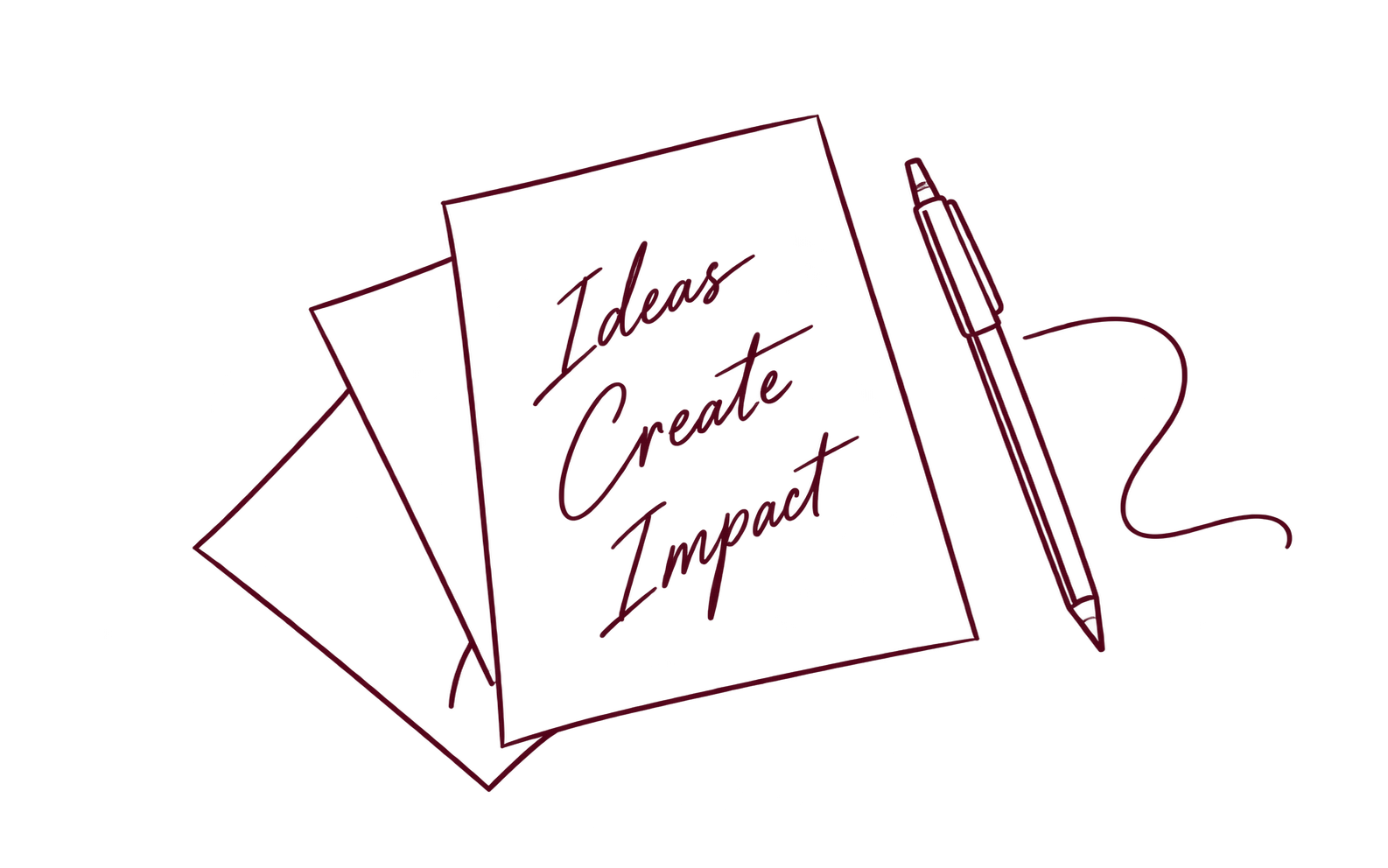 Outline drawing of two square papers with handwritten text 'Ideas Create Impact', a pen, and a curved line.