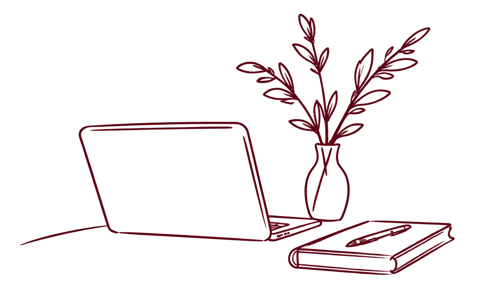 Minimalist line drawing of a workspace with a laptop, a closed notebook, and a vase with tall leafy branches.