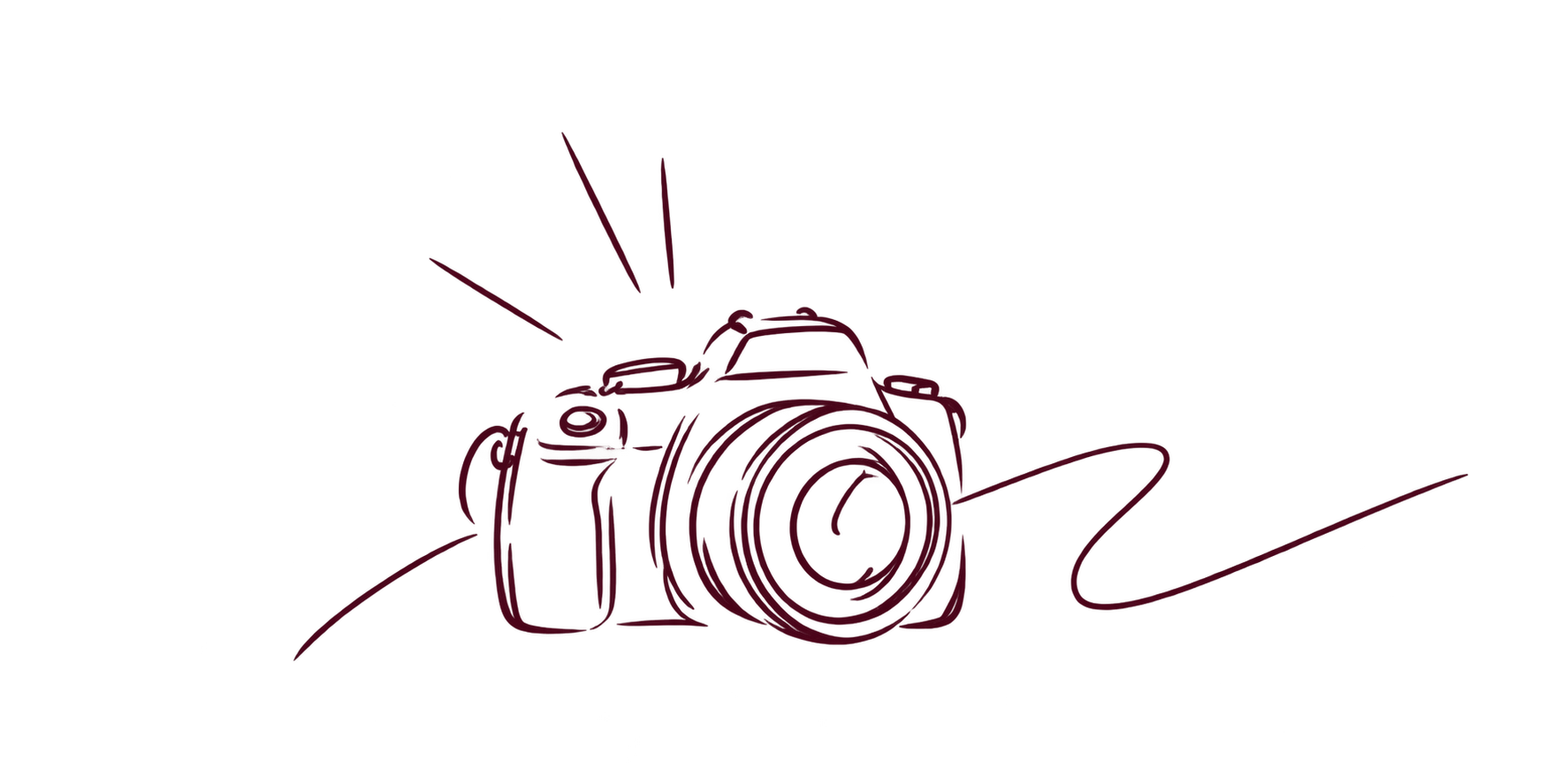 Line drawing of a camera on a desk with sketch lines and three radiating lines above, all in dark maroon color.