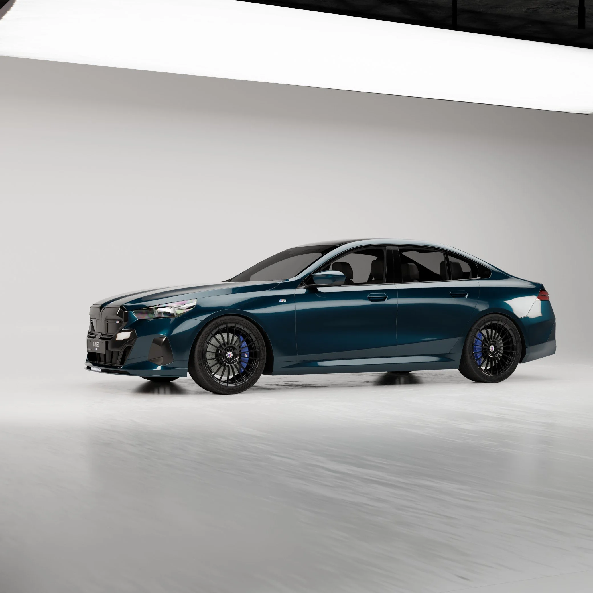 Dark blue sedan in a bright studio showroom — static product visualization preview.