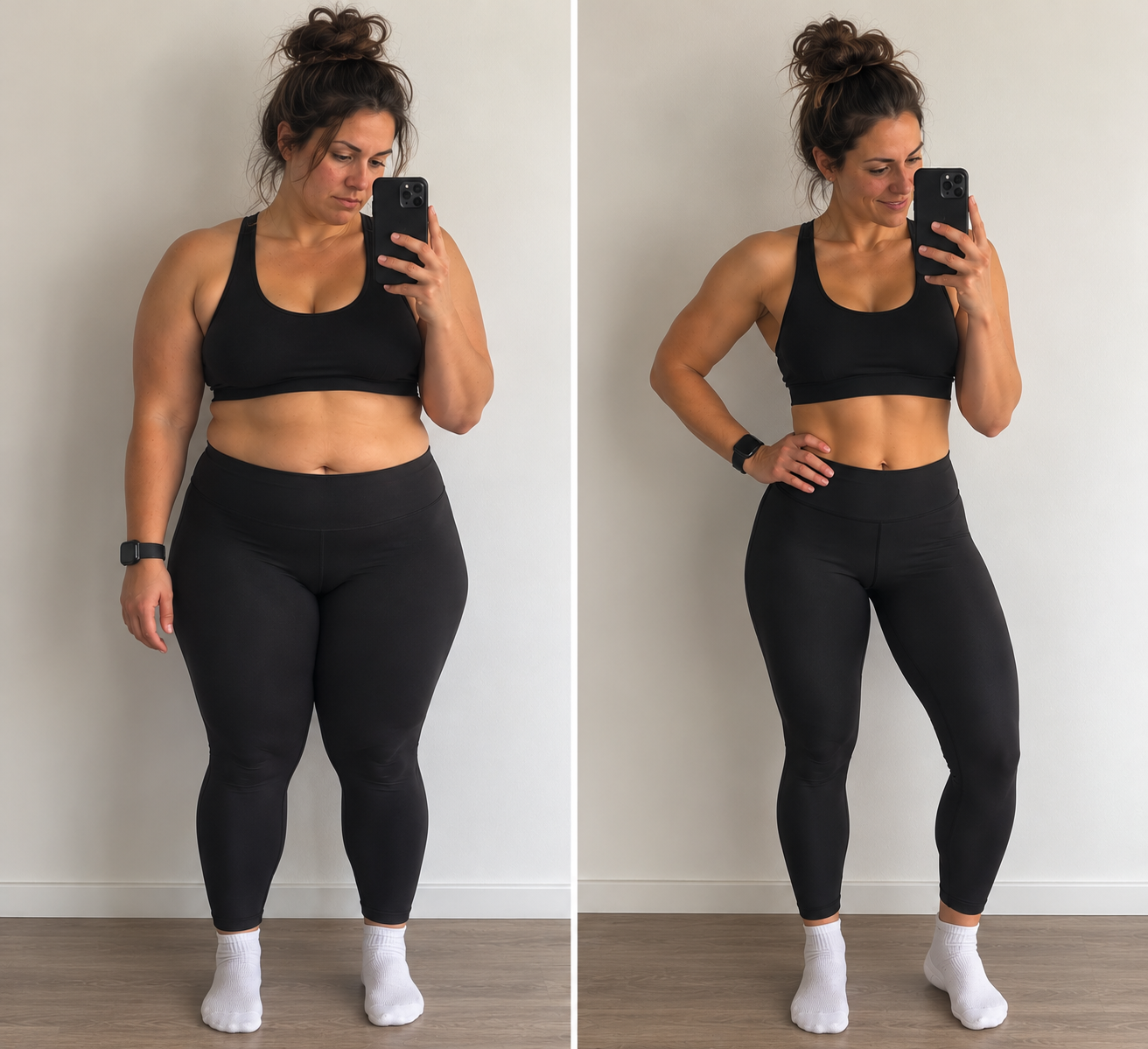 Side-by-side photos of a woman in workout clothes taking mirror selfies. In the left photo, she appears heavier, with arms and midsection showing more fat. In the right photo, she looks slimmer with toned arms and a flatter stomach. She wears a black sports bra, black high-waisted leggings, white socks, and a fitness tracker on her wrist.