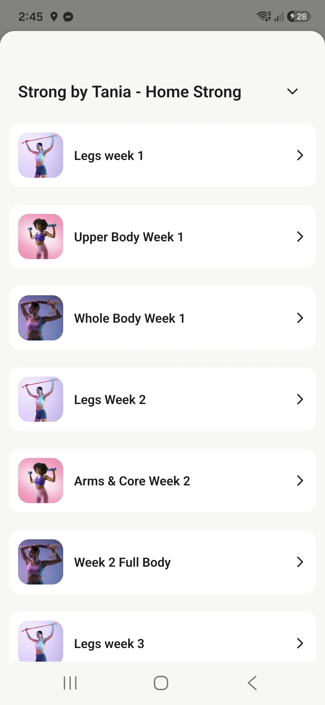 Fitness app screen displaying workout plan titled 'Strong by Tania - Home Strong,' with sections for different weekly workouts, including legs, upper body, whole body, arms, and core.
