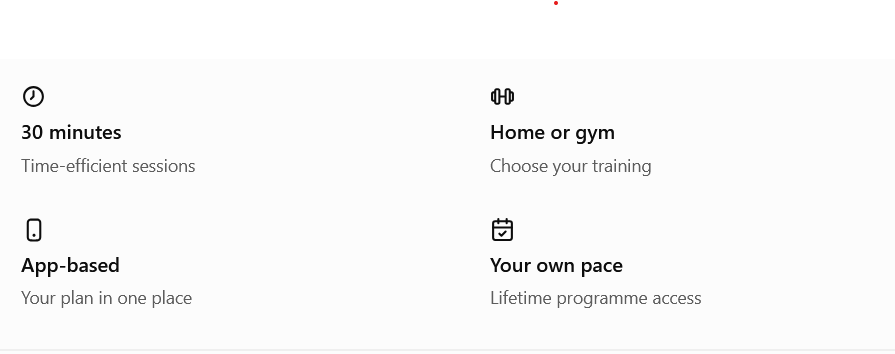 Screenshot of a fitness app with options for 30-minute time-efficient sessions, home or gym training, app-based plan, and lifetime programme access.