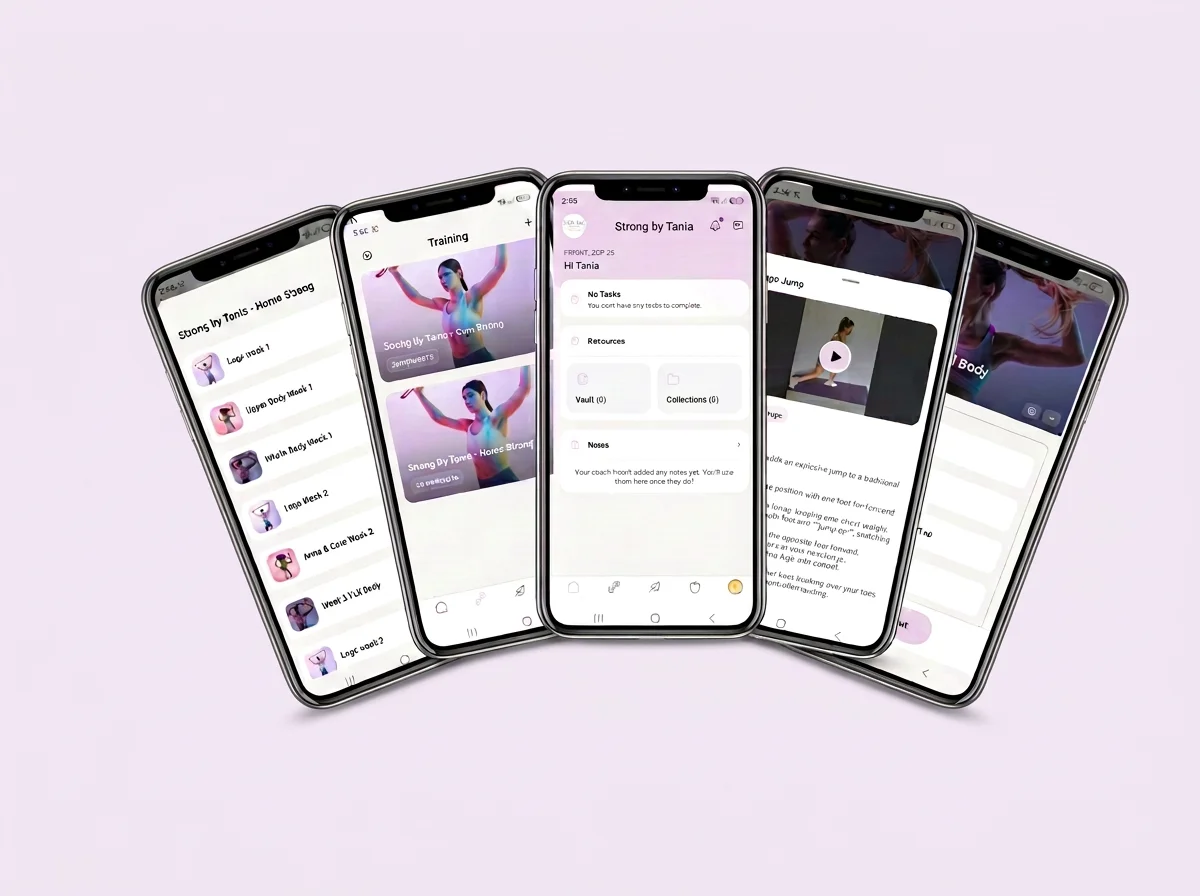 Five smartphones displaying a workout and training app, with exercise videos, workout lists, and user interface screens.