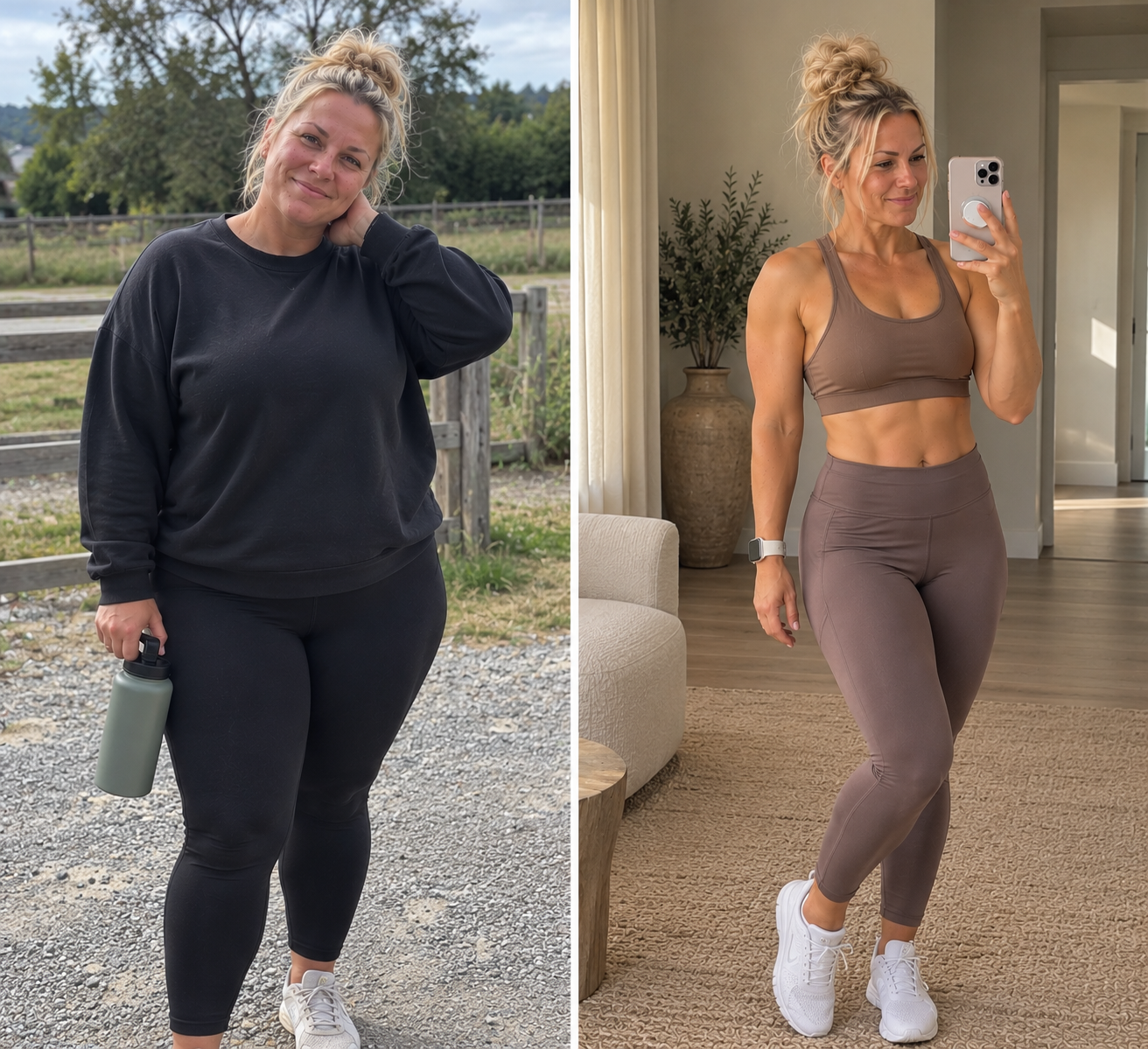 Comparison photo of a woman before and after fitness transformation, shown in side-by-side images, wearing workout clothes and taking mirror selfies.