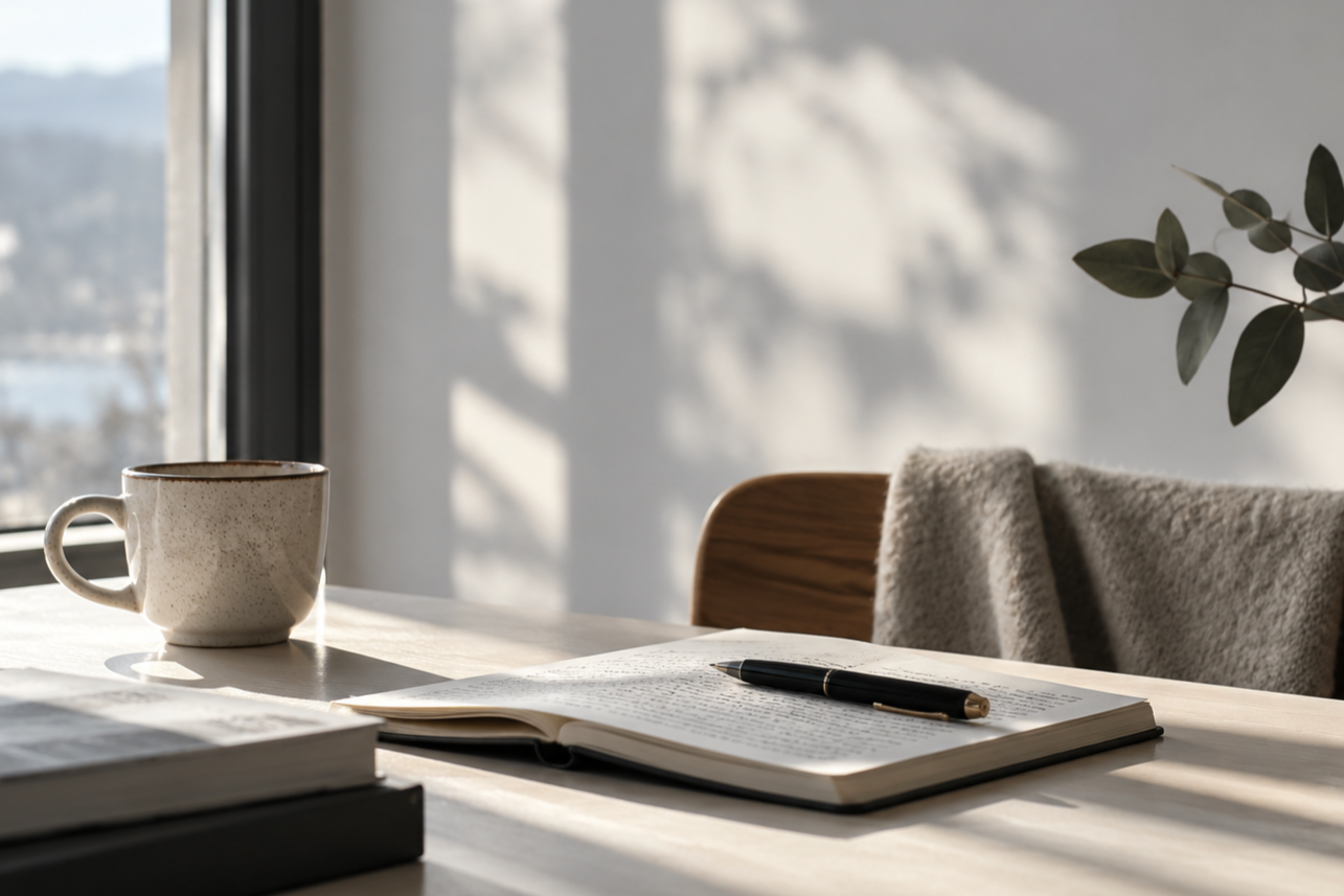 Tavolo con tazza, quaderno aperto,  penna e libri accanto a una finestra illuminata dalla luce naturale , con ombre di rami sulla parete.