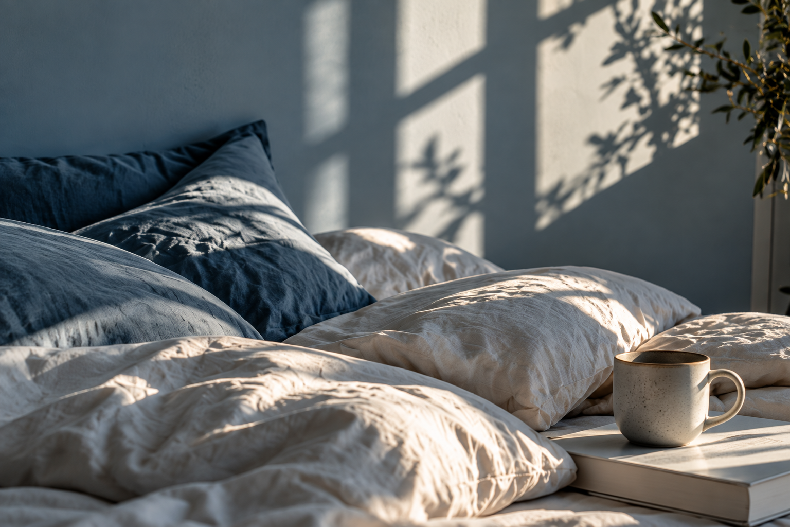 Letto con cuscini blu e beige e una tazza sopra un libro, con ombre di alberi sulla parete di sfondo, illuminato dalla luce del sole