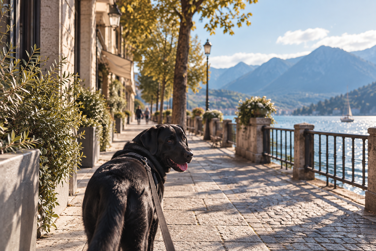 Cane nero che passeggia lungo un lungolago con montagne sullo sfondo, alberi e case lungo il percorso, in una giornata di sole autunnale.