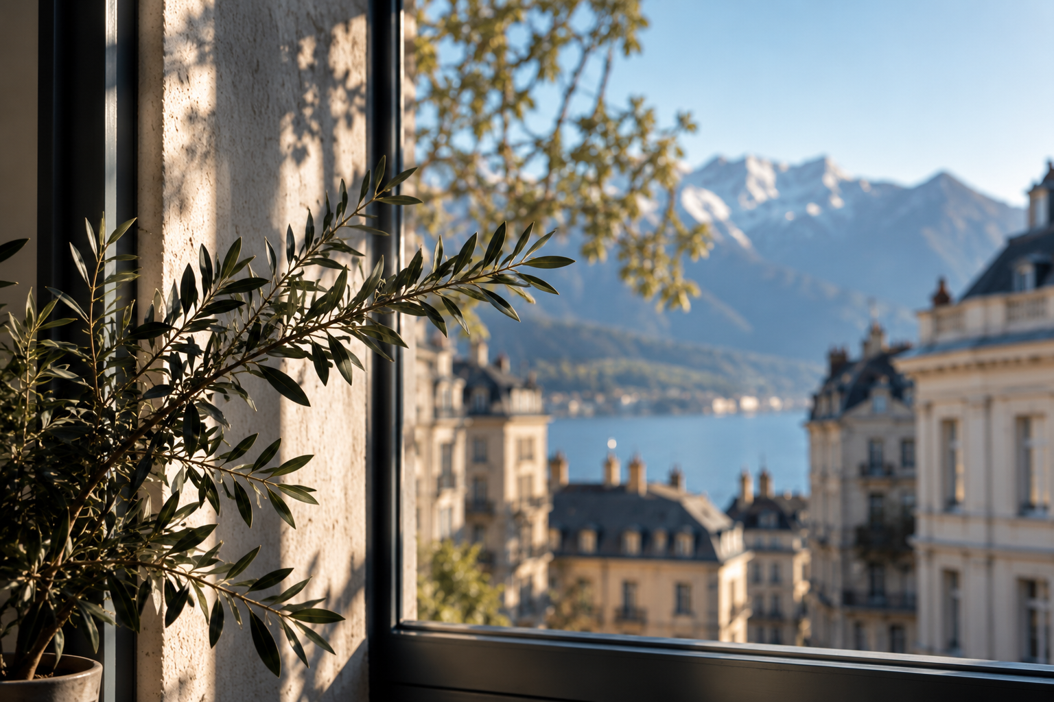 Vista da una finestra con un ramo di pianta sul davanzale, edifici storici e montagne sullo sfondo in un paesaggio urbano al tramonto
