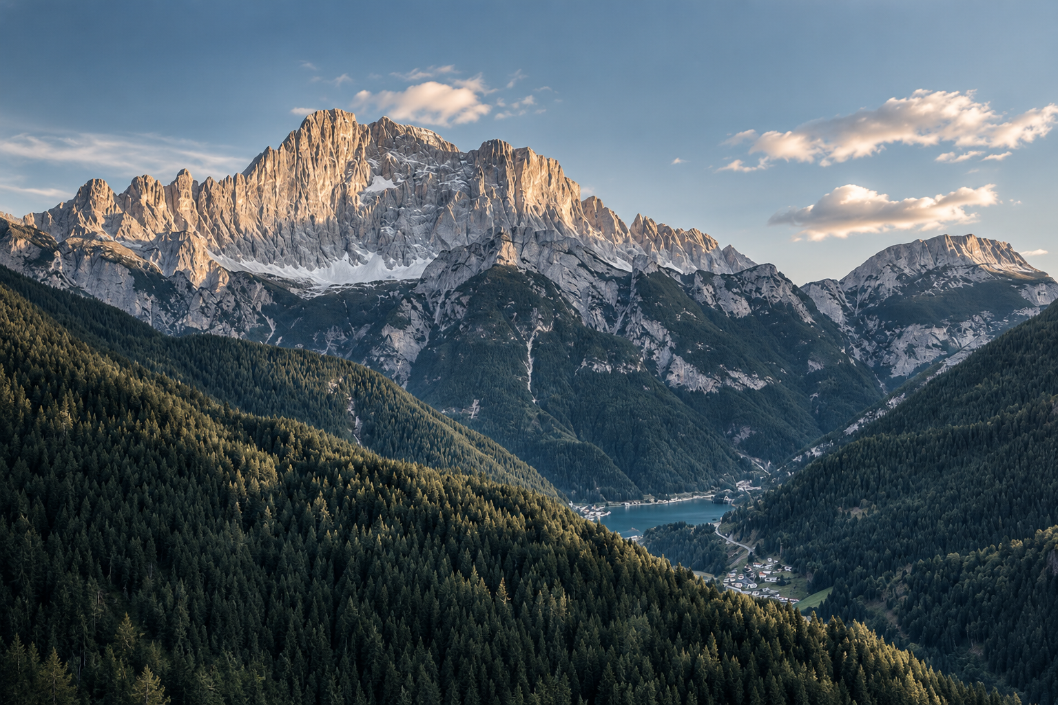 Monte Civetta visto da Alleghe, illuminato dal sole sopra il lago e i boschi,