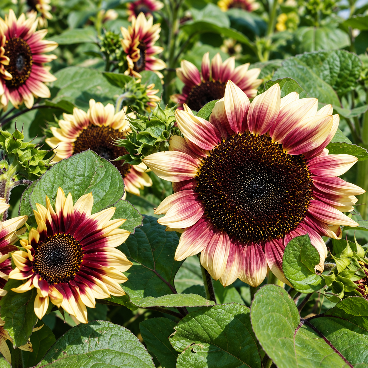 Bright sunflowers with yellow and red petals and green leaves.