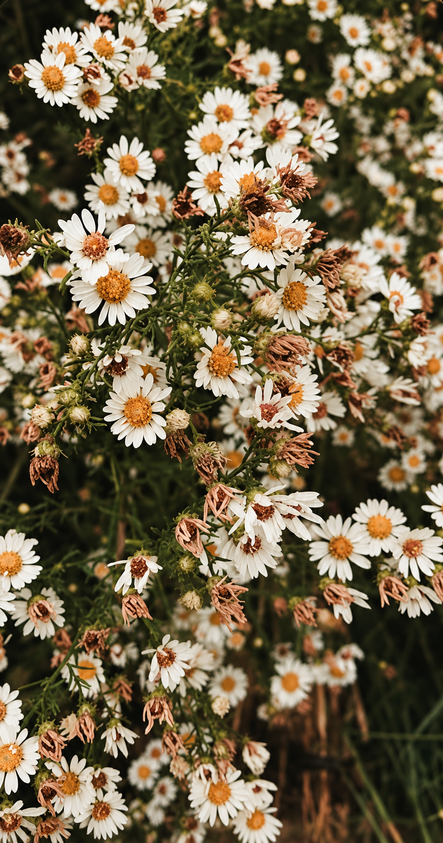Clusters of small white daisies with yellow centers, some wilted or browning, growing densely in a garden.