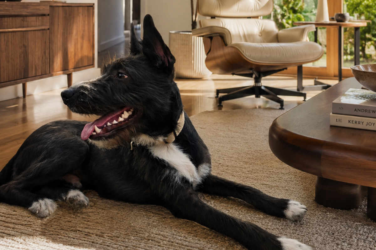 Calm dog relaxing in a family living room - Des Amour Dog Training