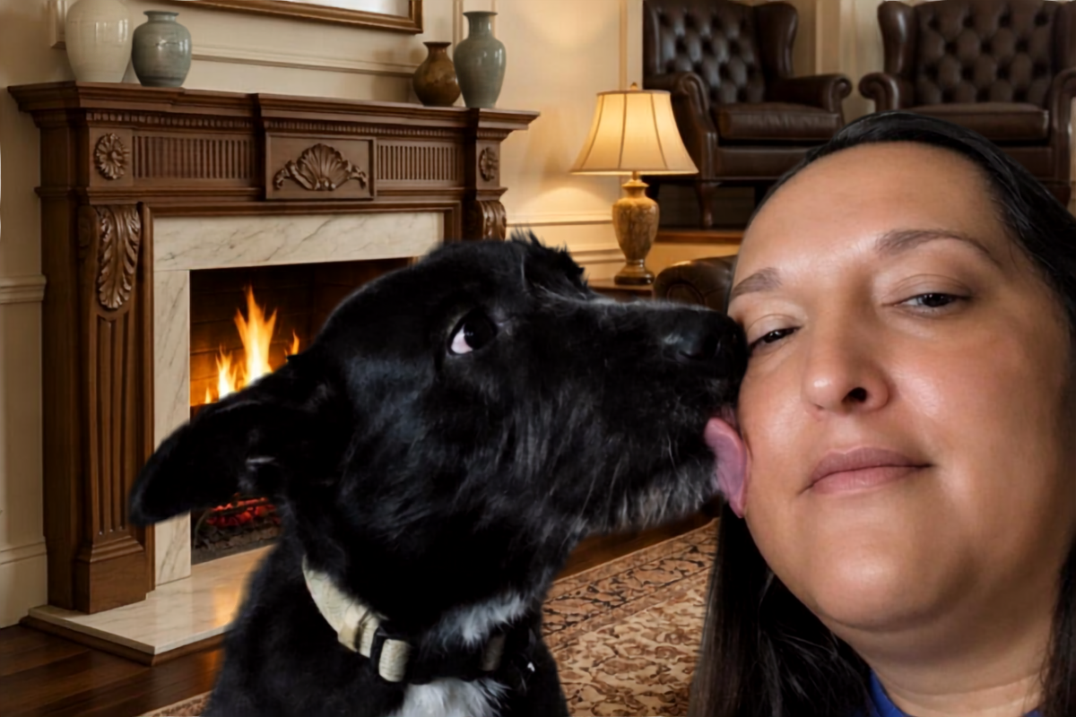 A woman and a black dog inside a living room with a fireplace, lamp, and armchairs. The dog is licking the woman's face.