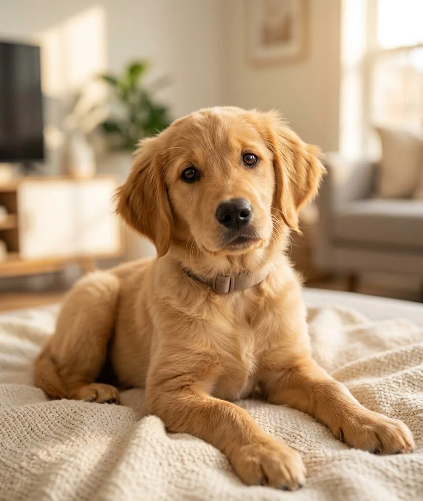 A cute golden retriever puppy lying on a beige blanket in a cozy living room