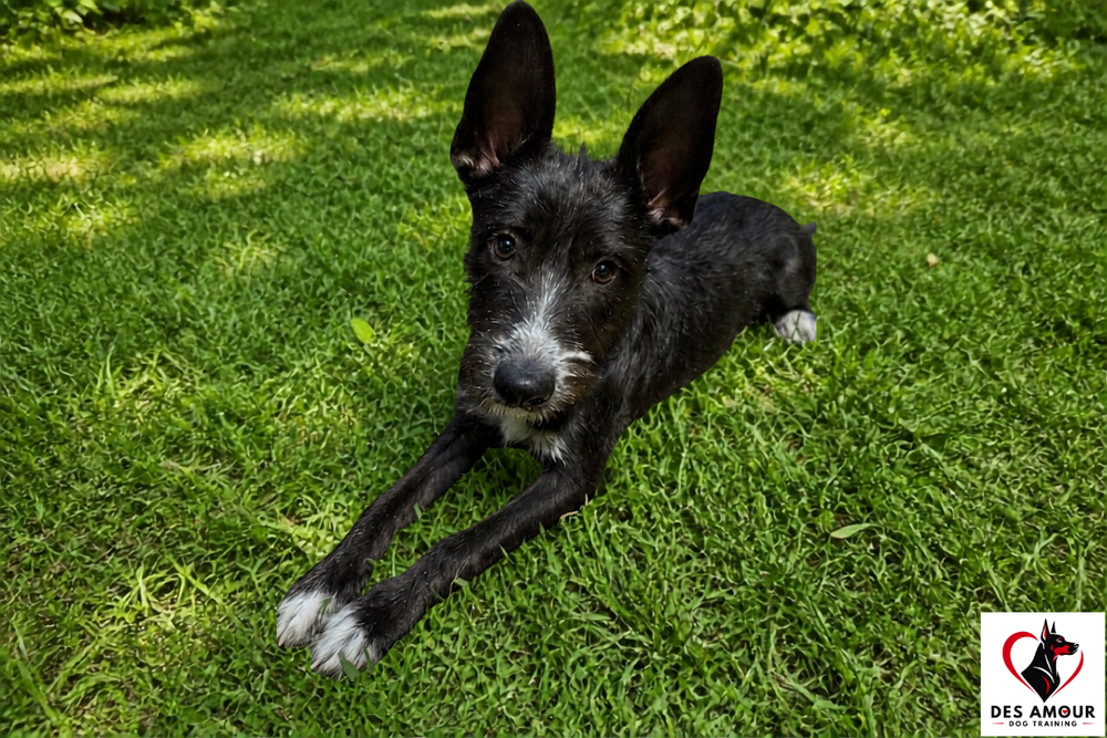 Black and white dog with big ears playing on the grass