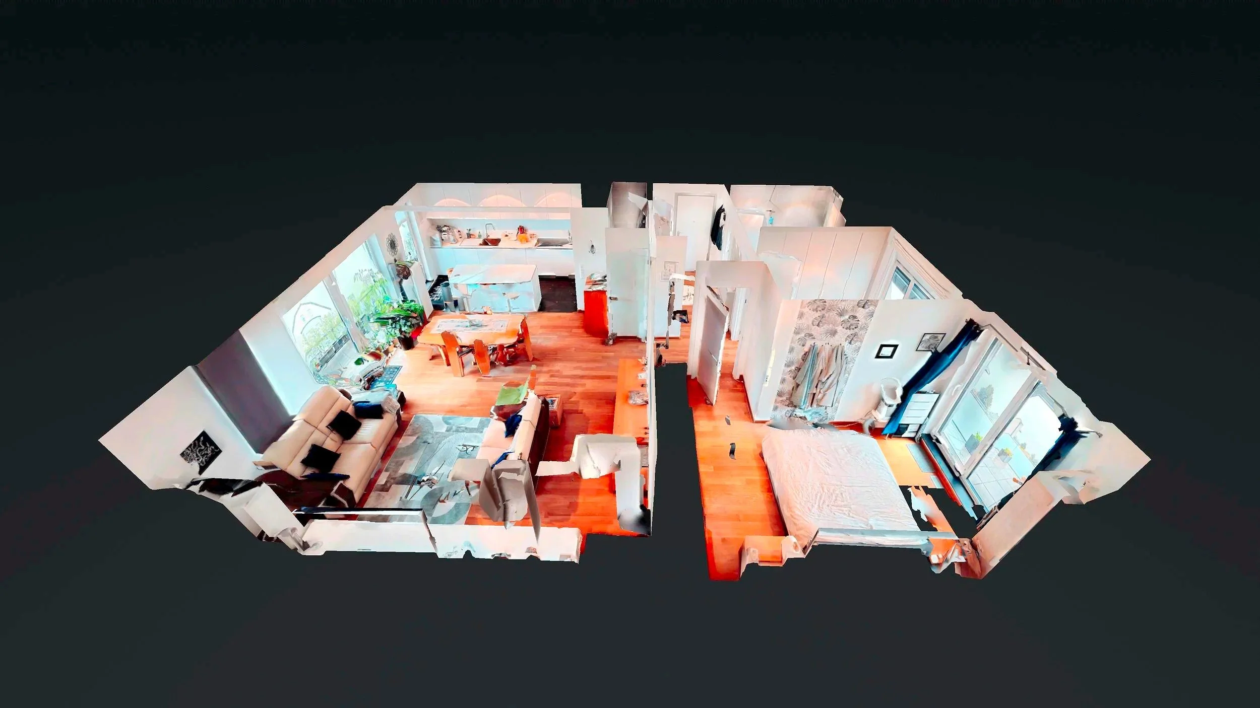 Plan en 3D d'un appartement avec salon, salle à manger, cuisine, chambre et salle de bain.