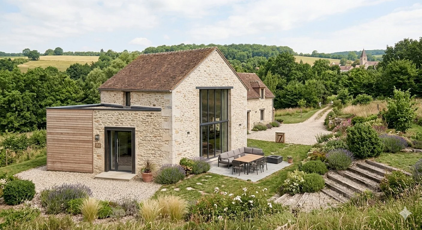 Maison en pierre dans un paysage rural avec terrasse extérieure, mobilier de jardin, jardins fleuris, escalier en pierre, chemins de gravier, et arbres verdoyants.