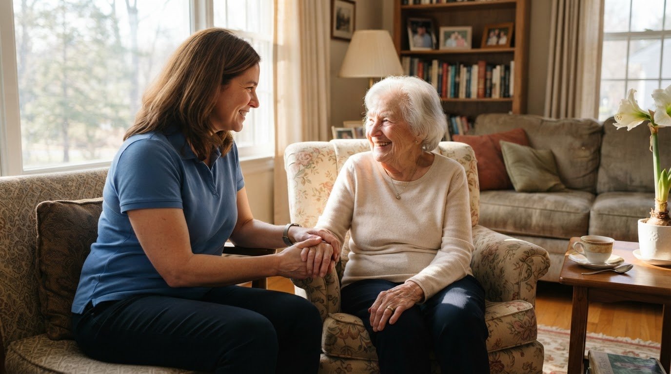 A home health caregiver lends support to a grateful elderly woman in her living room.