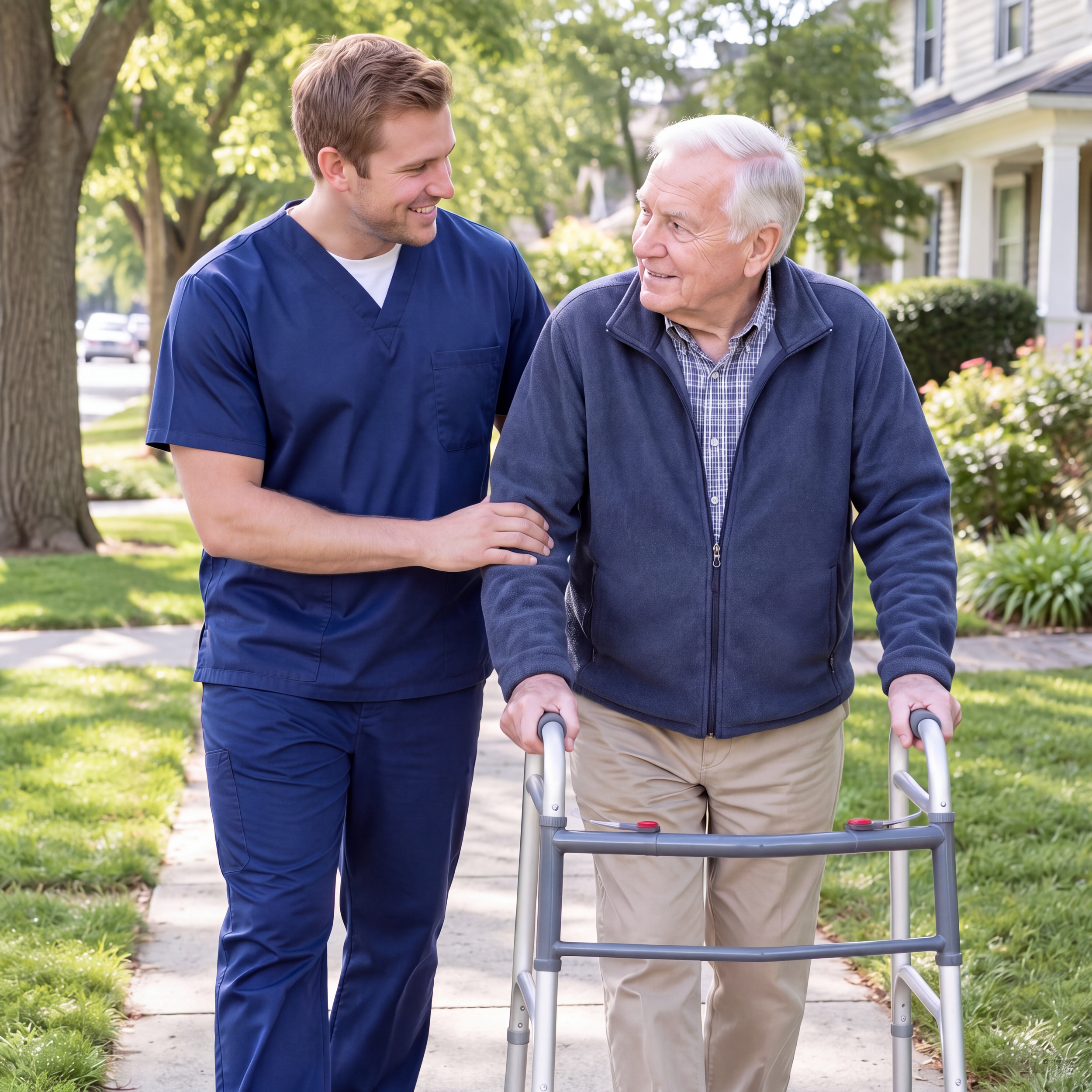 A Male Home Health Care Aide assists an elderly man  with a walker while on a walk in his community.