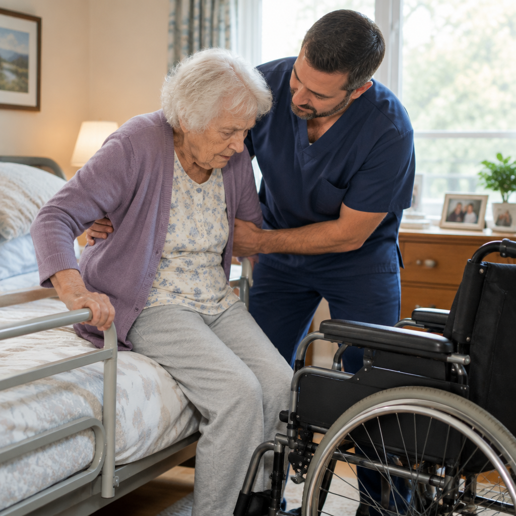 A home health caregiver assists an elderly woman with transition between her bed and her wheelchair.