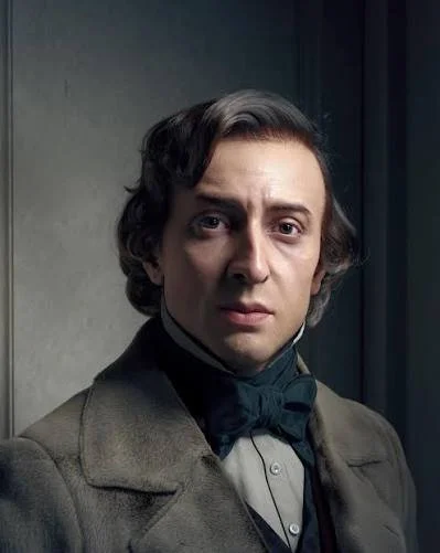 A man dressed in Victorian-era clothing, with wavy dark hair, standing against a dark background.